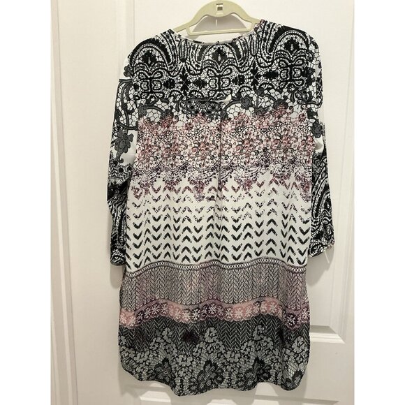 Roz And Ali Tunic Size Large Side Slits Pockets On Front White Black Pinks Flown - Picture 6 of 10